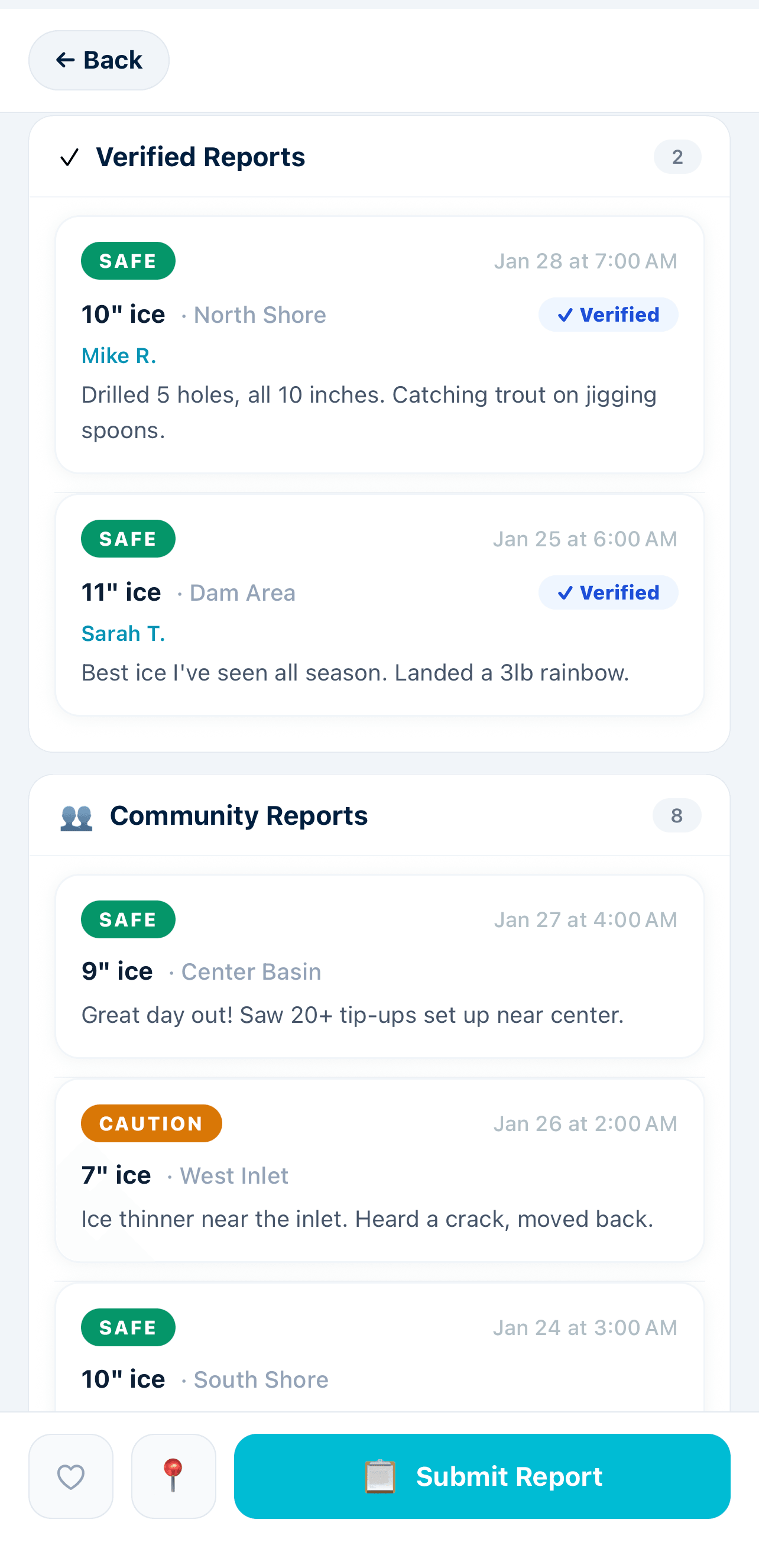Lake report card showing ice thickness, location, and notes from anglers