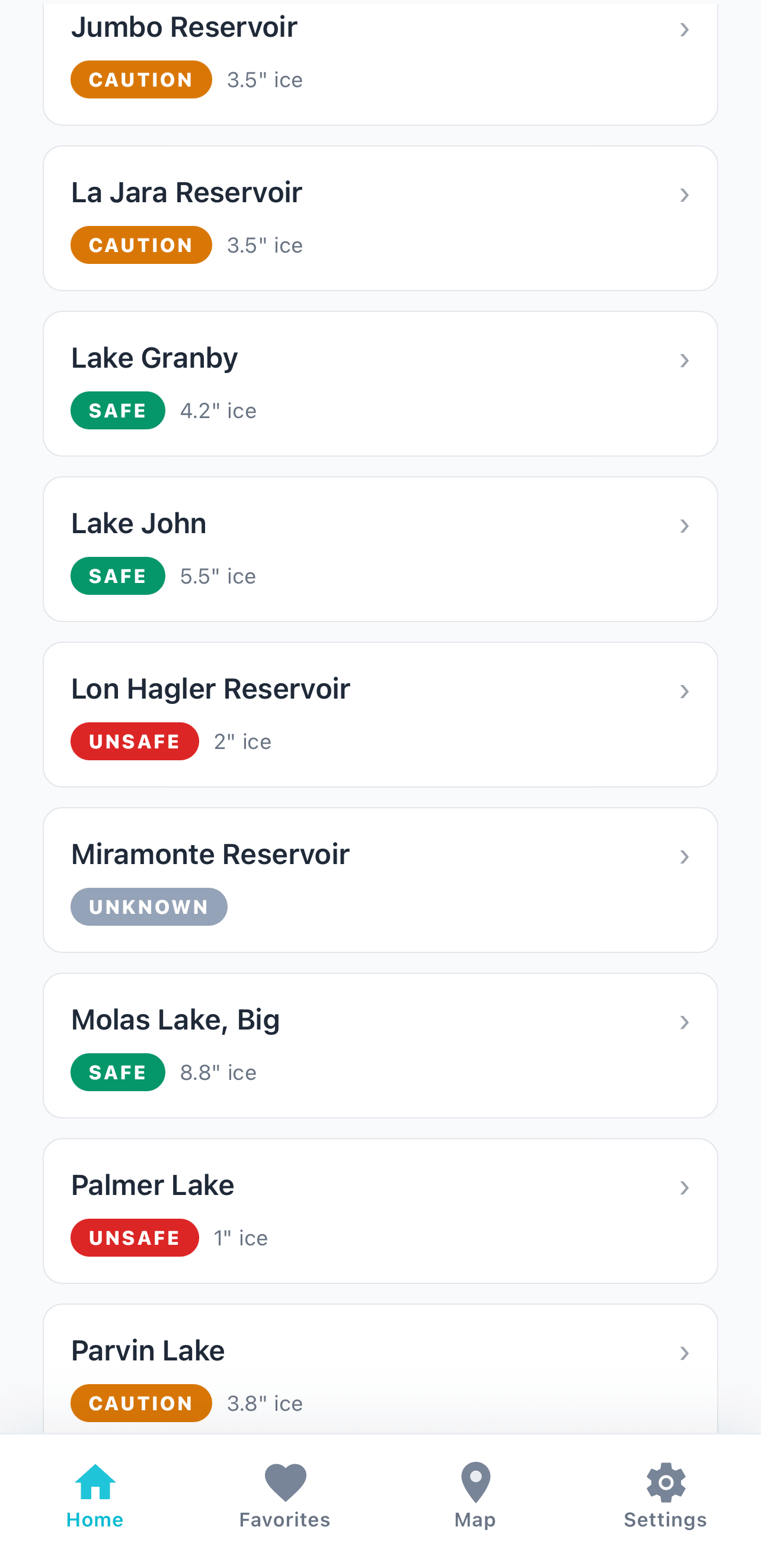 Lake list showing color-coded ice condition badges for each lake
