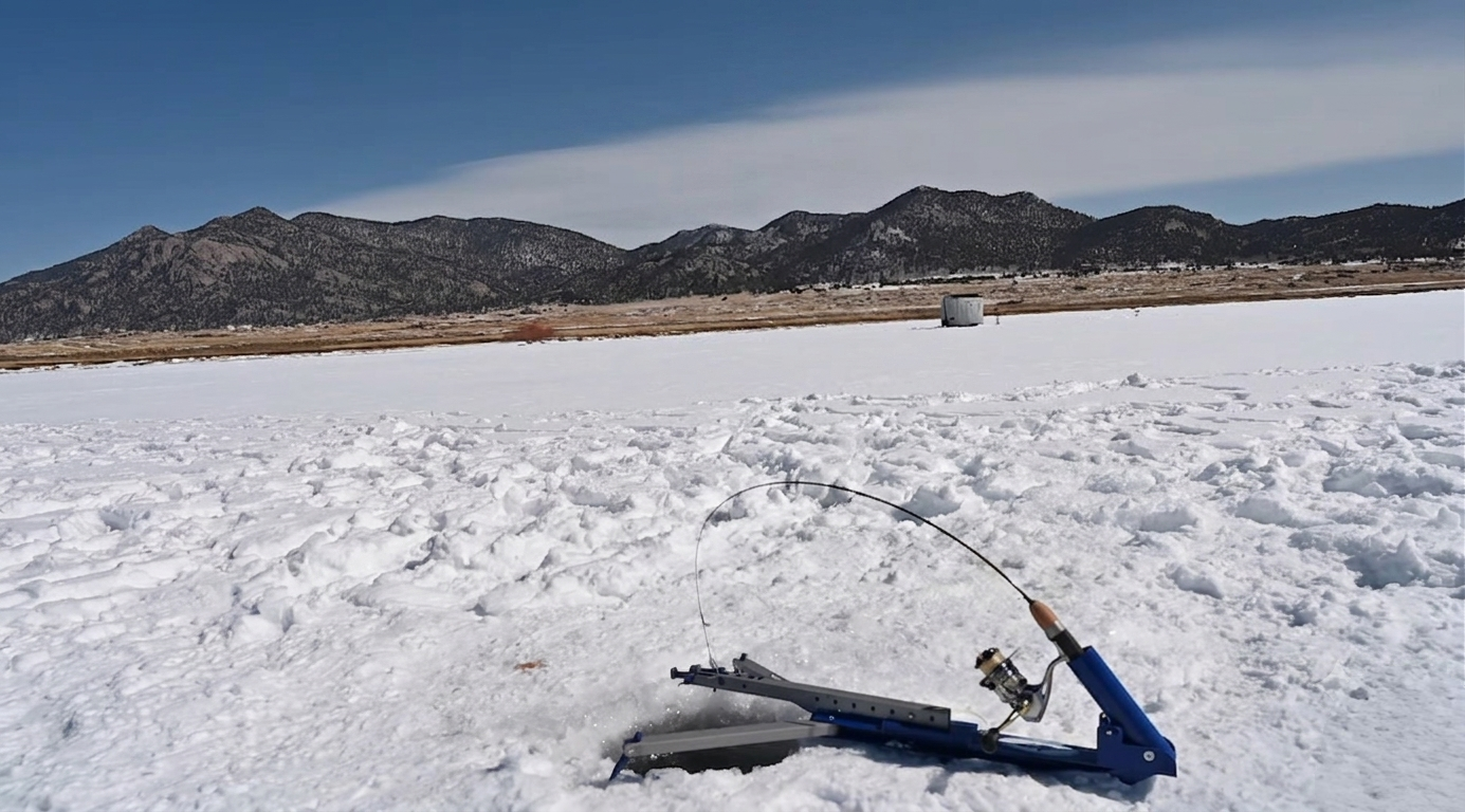 Jaw jacker ice fishing rig set up on Eleven Mile Reservoir